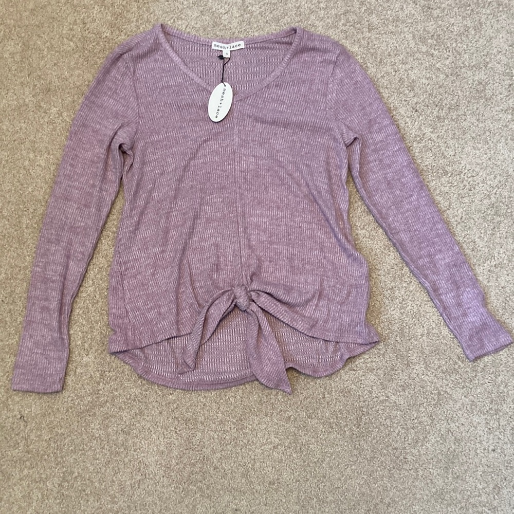 NWT Small V Neck Lavender Long Sleeve Thin Knit Top W/ Tie At Waist
